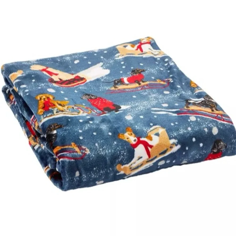 NWT- Velvet Plush Reversible-Blue- Dog Sled- Holiday Throw Blanket 50x60